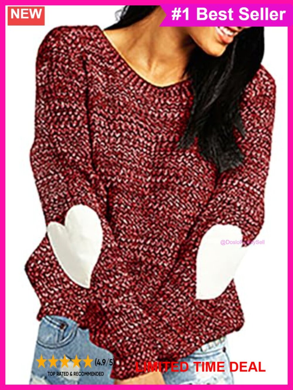 Cute Heart Pattern Elbow Patch Pullover Crew Neck Long Sleeve Women's Sweater